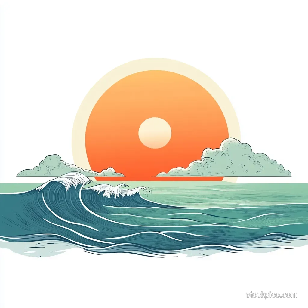 Foamy ocean wave rolls in front of a horizon where an orange sun is partially covered by clouds.