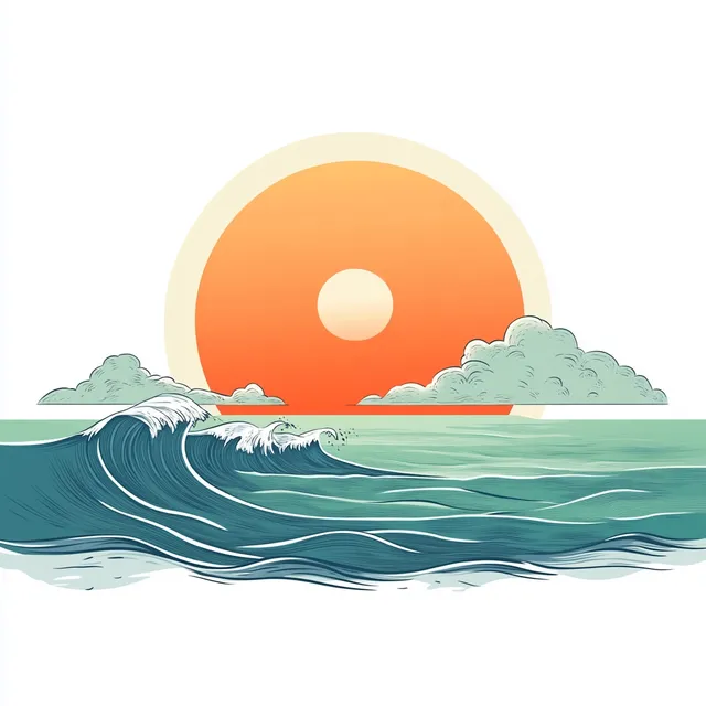 Ocean wave with foamy crest before a glowing orange sun near the horizon