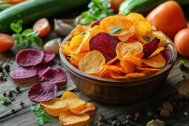 A bowl of crunchy orange, purple, and yellow vegetable chips sits on a wooden table beside fresh vegetables and herbs.