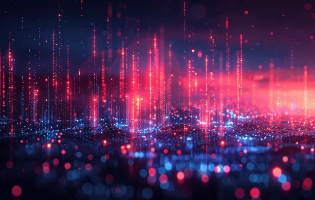 Stock market candlestick chart rises amid glowing blue and red financial data lights