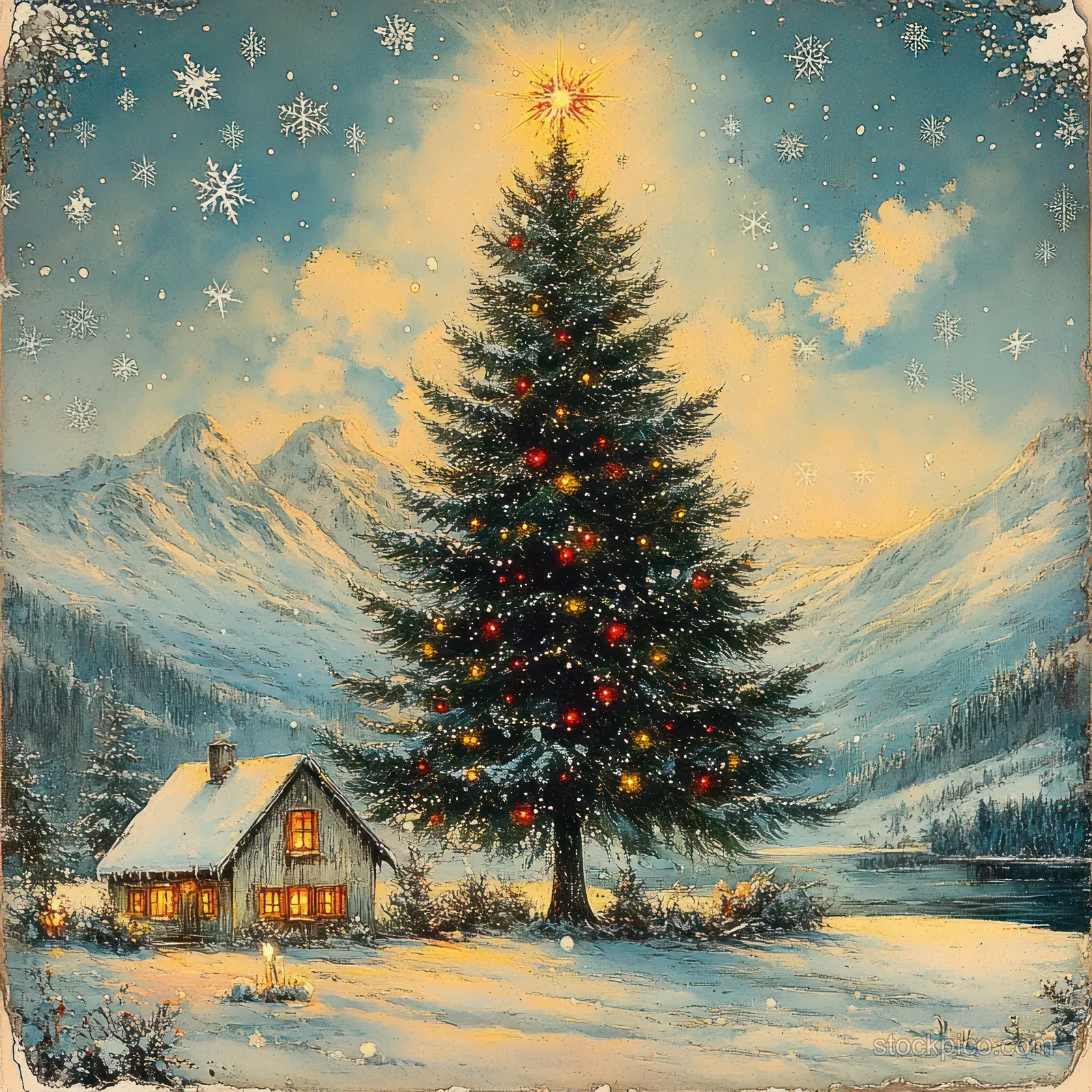 A cozy snow-covered cabin sits beside a glowing Christmas tree as large snowflakes fall under a dark dusk sky.