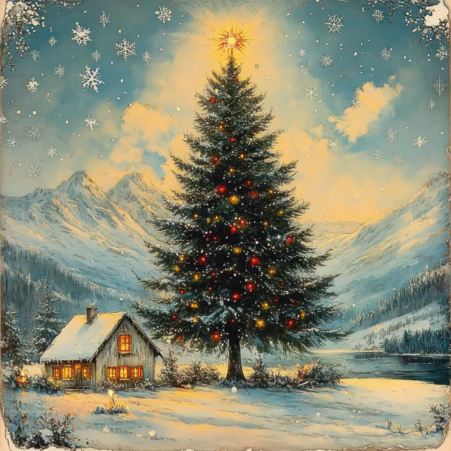 A cozy snow-covered cabin sits beside a glowing Christmas tree as large snowflakes fall under a dark dusk sky.