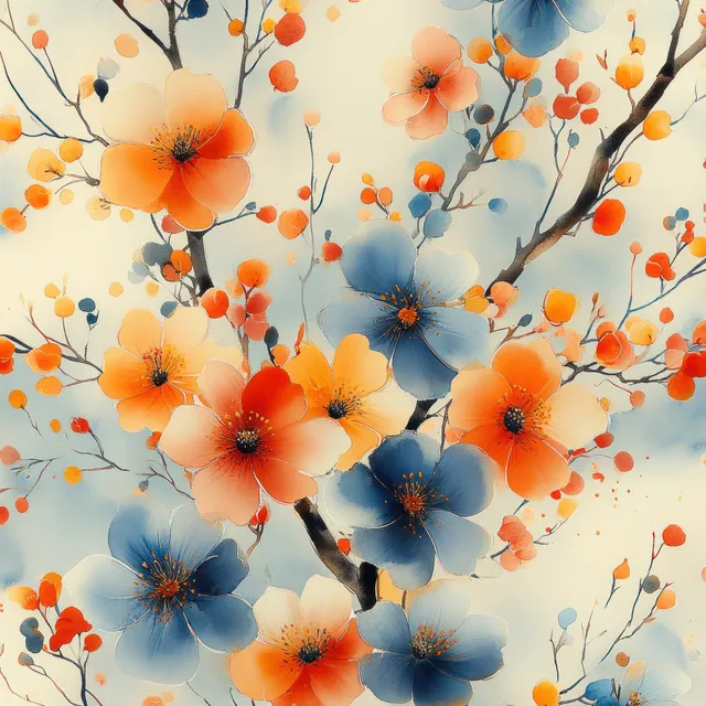 Seamless watercolor floral pattern with orange and blue blossoms and thin leafy stems on an ivory background.
