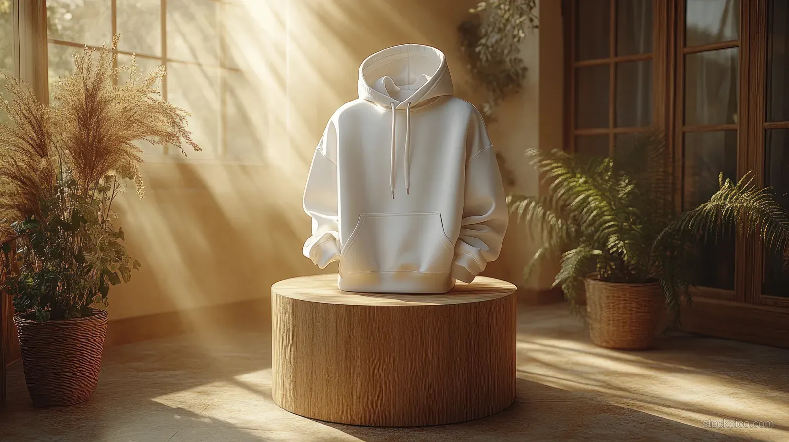 A white hoodie is displayed on a round wooden pedestal in a warm sunlit room with potted plants.