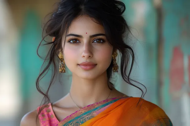 Smiling Indian woman in a colorful saree holding a blank smartphone with a visible screen outdoors.