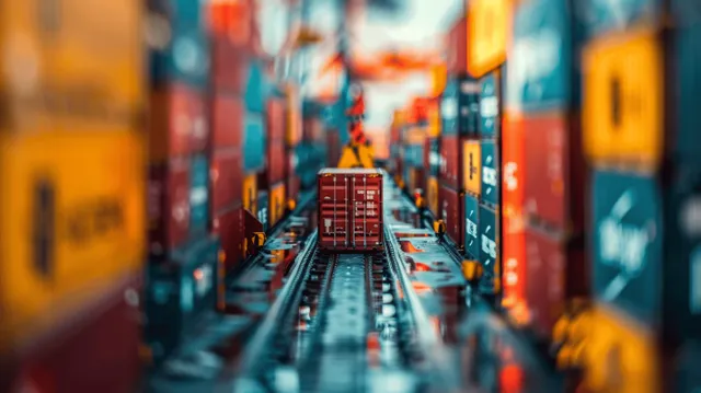 Red and colored cargo containers are stacked in rows at a port dock with wet pavement and evening lighting.