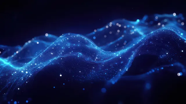 Glowing blue wave ribbon with sparkling particles rippling across a dark background.