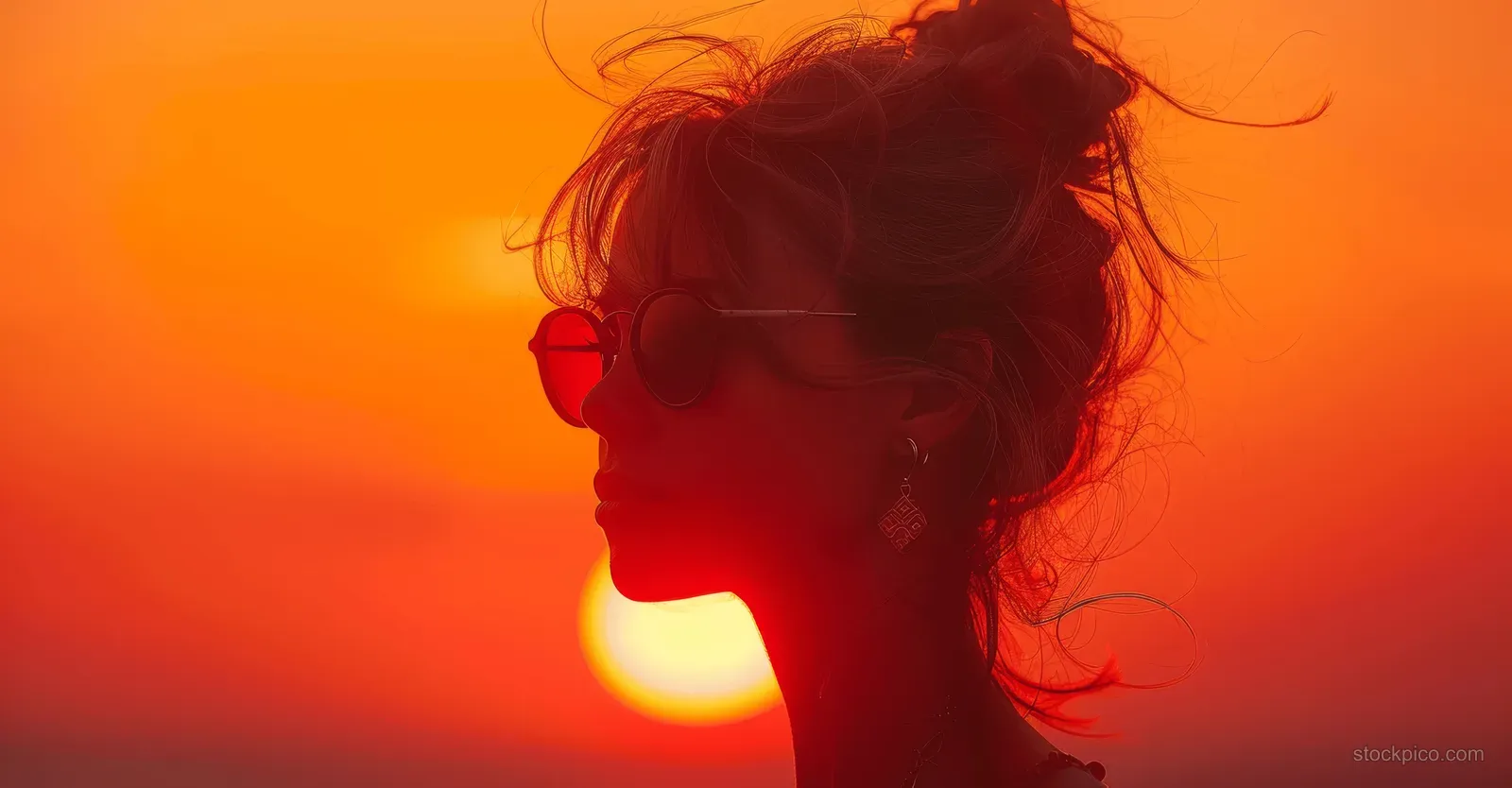Silhouetted woman with sunglasses and messy bun in front of an orange-red eclipse glow outdoors.