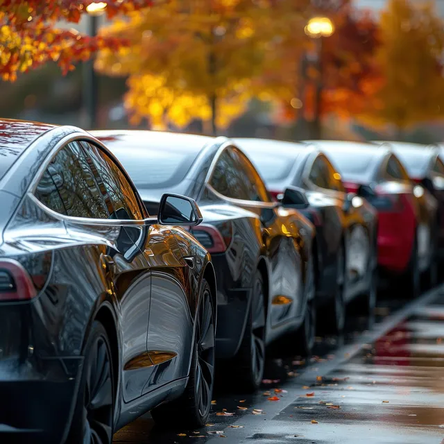 A row of electric cars parked on a wet street beside autumn trees with reflections on the pavement.