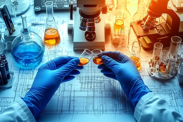 Scientist in blue gloves holding two beakers with orange samples in a lab blueprint