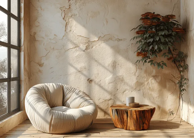 Minimalist living room corner with a fabric floor chair, wooden stump side table, and window light on a beige plaster wall.