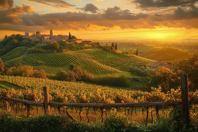 Autumn vineyard rows in Barolo hills at sunset, with castle silhouette and warm golden sky
