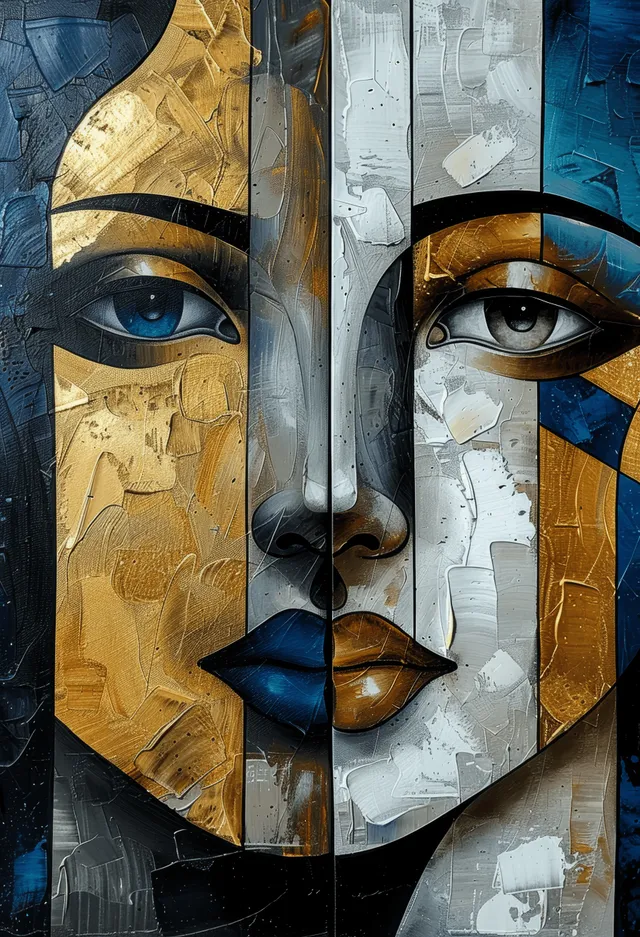 Cubist abstract face painting with gold and silver panels, blue-grey shading, and sharp geometric linework.