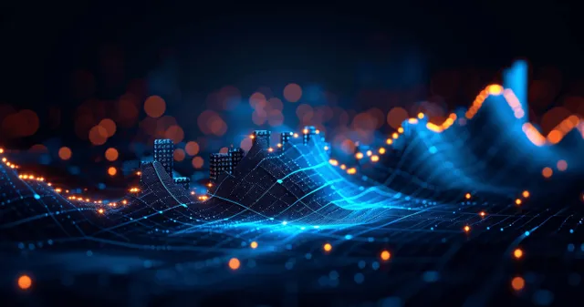 A glowing stock market chart rises across a dark blue data network with dotted bokeh lights.