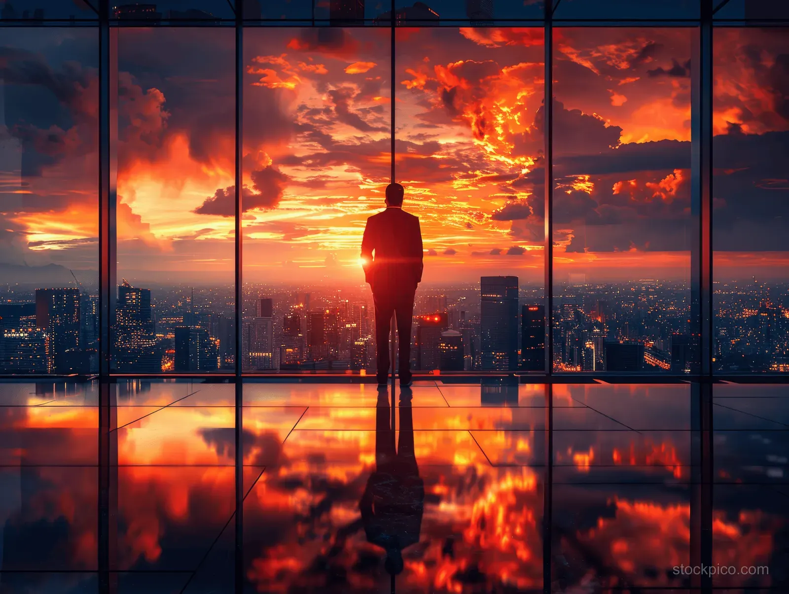 Silhouette of a businessman standing before glass windows with mirrored reflection of a glowing sunset city skyline.