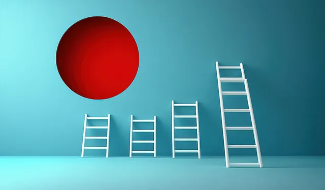 A red target balloon hovers above several ascending ladders arranged like growth chart on a teal background.