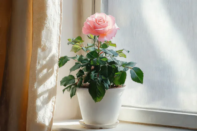 A pink rose in a white ceramic pot sits on a sunlit windowsill as sheer curtains cast soft shadows.
