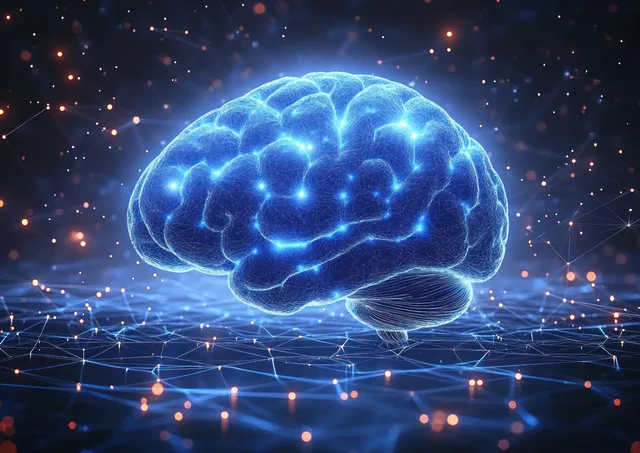 Glowing blue holographic brain above a network grid with light particles tracing neural connections.