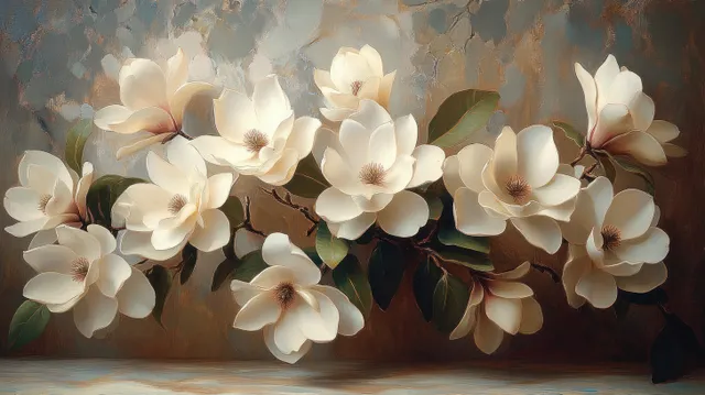 White magnolia blossoms on a branch against a muted textured backdrop