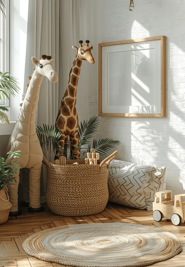 Scandinavian kids room corner with giraffe toys, wooden basket, and soft daylight