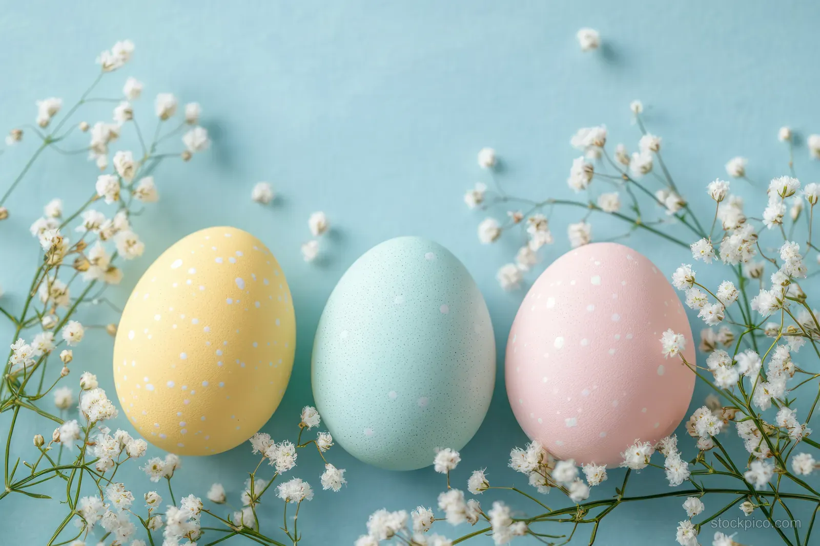 Three pastel speckled eggs in yellow, blue, and pink surrounded by white baby's breath on a soft blue background.