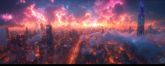 Neon futuristic city skyline at dusk, with glowing data streams and holographic network connections