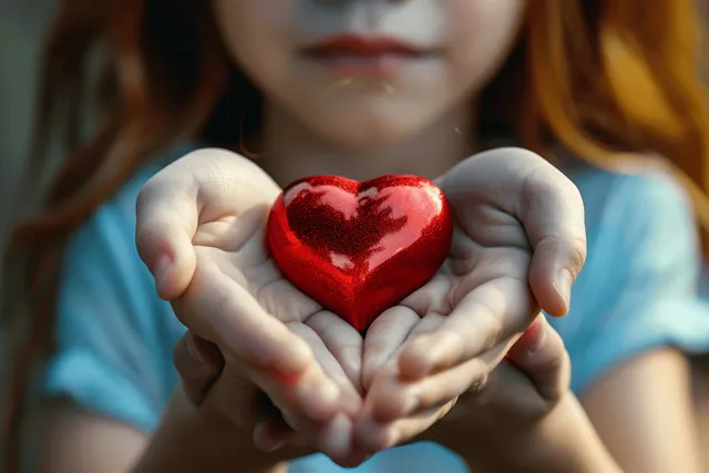 A child holds a red heart in both hands, symbolizing love and health care support.