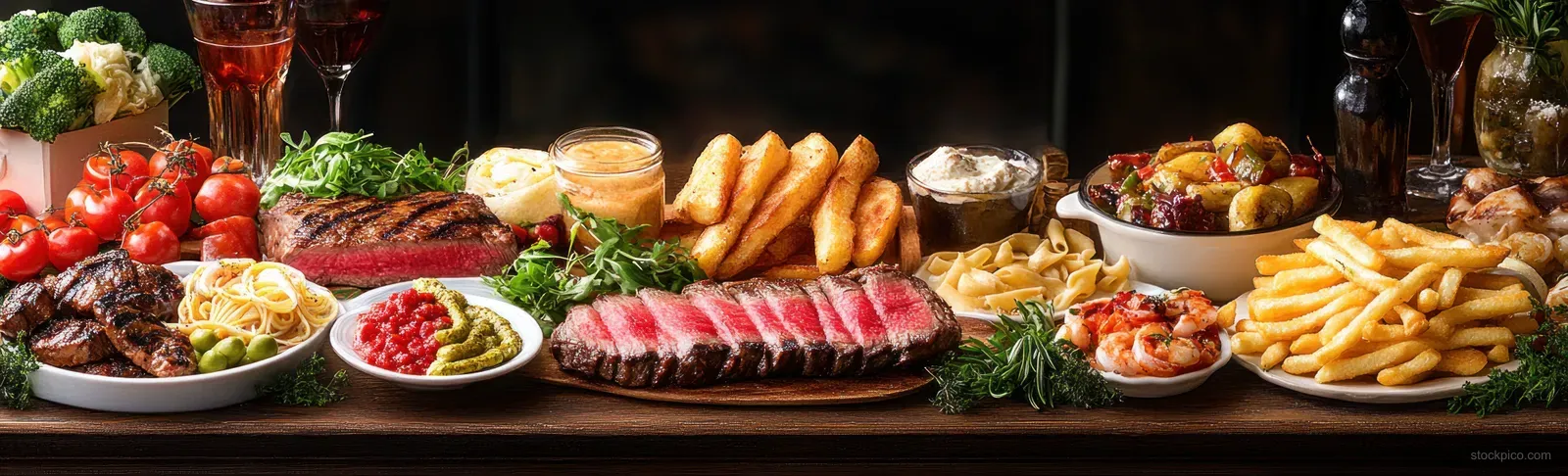Assorted grilled steak, prawns, pasta, fries, sauces, and fresh vegetables spread across a rustic wooden table.