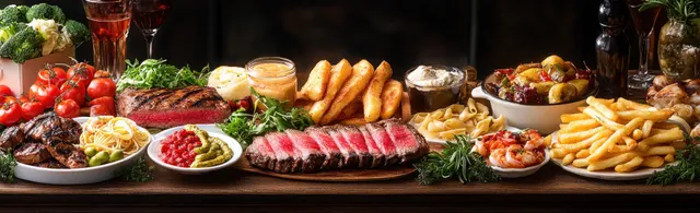 Assorted grilled steak, prawns, pasta, fries, sauces, and fresh vegetables spread across a rustic wooden table.