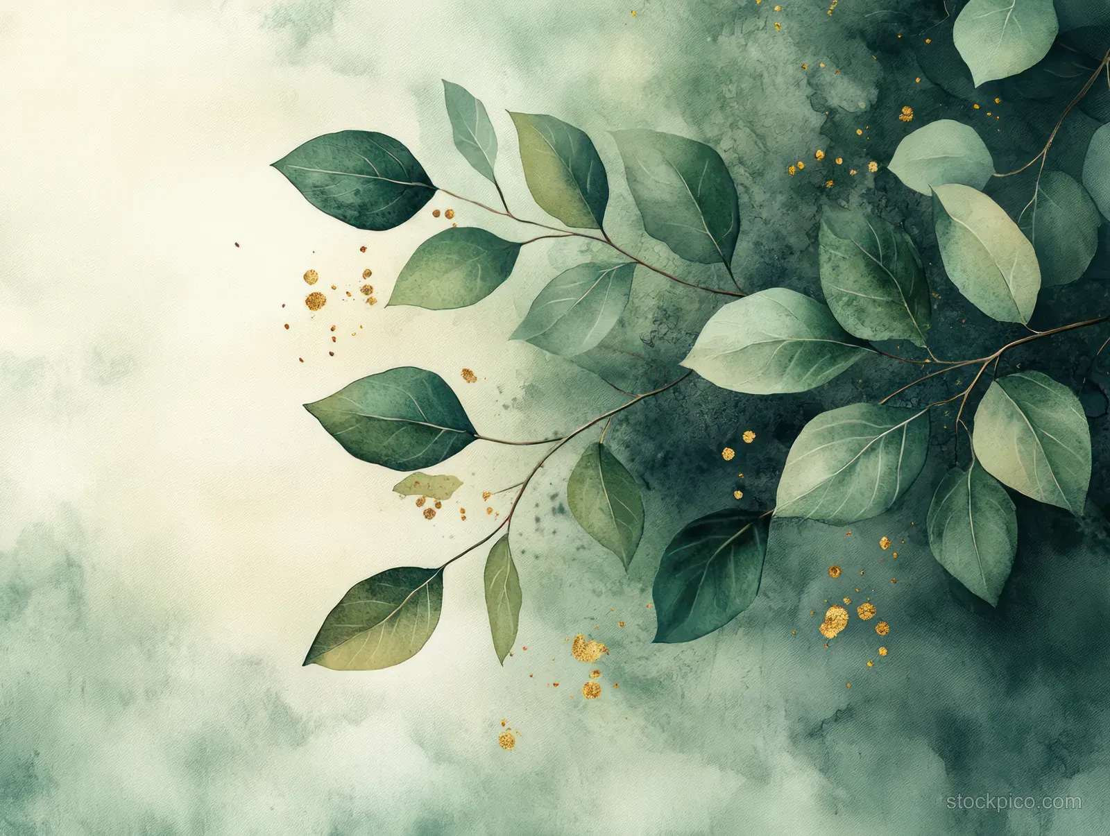Watercolor eucalyptus leaves arranged like a bouquet with faint misty background and small gold speckles.