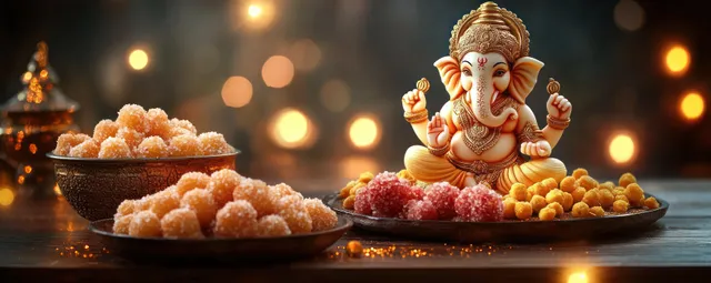 A Ganesh statue sits on an offering plate of laddus beside diya lights with golden bokeh in the background.