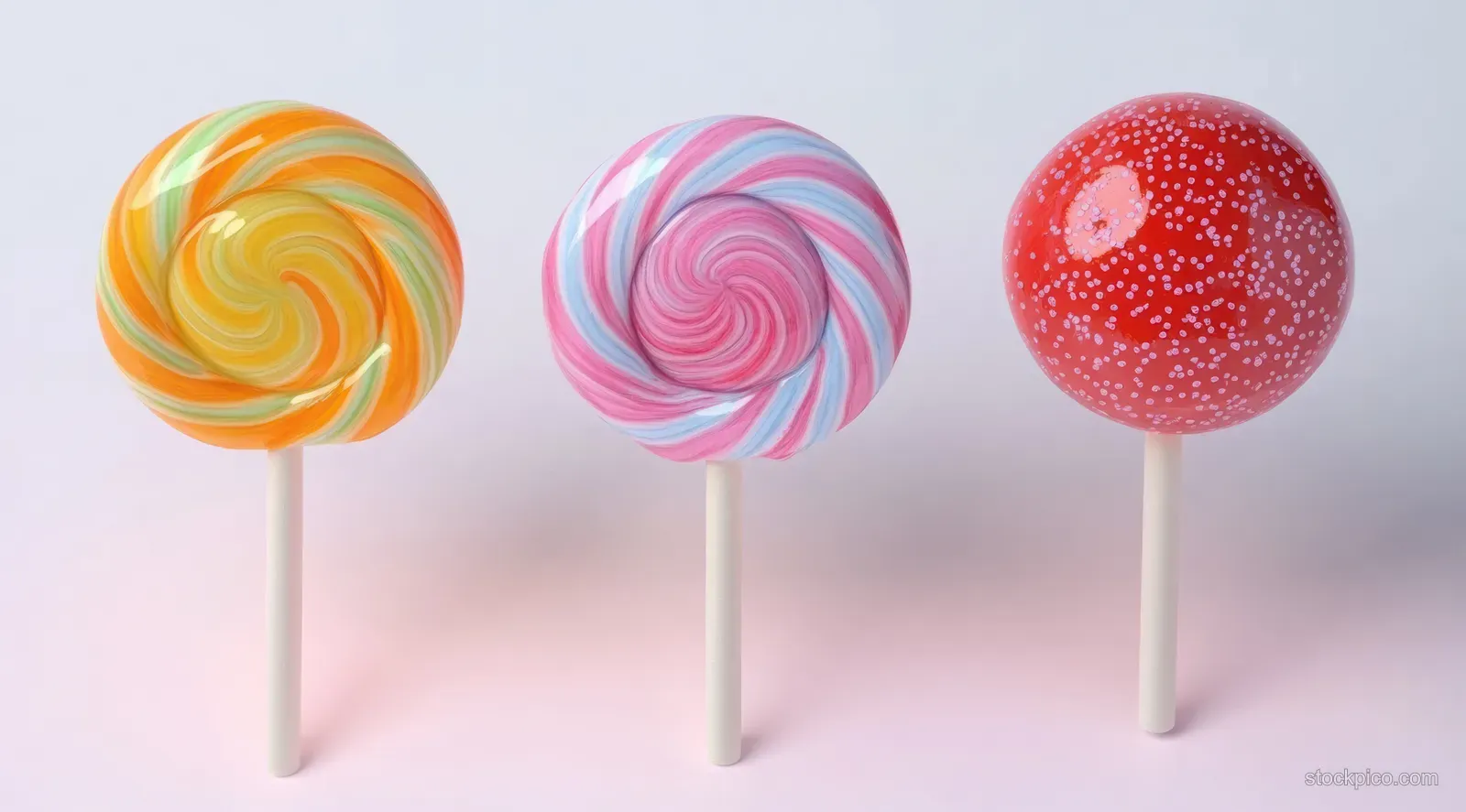Three round swirl lollipops with speckled candy texture on white sticks against a plain white background.