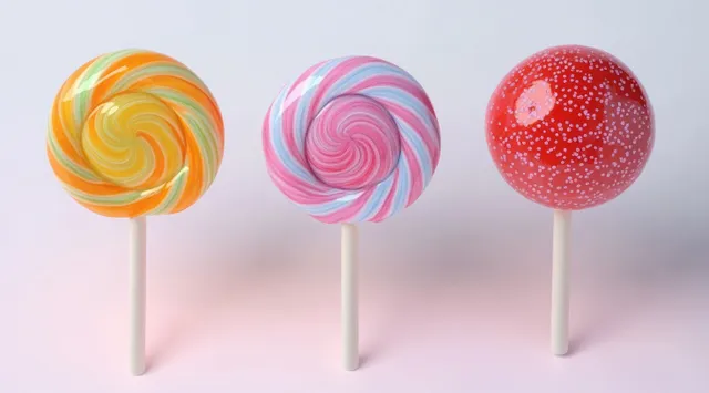 Three round swirl lollipops with speckled candy texture on white sticks against a plain white background.