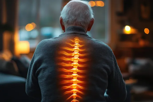An elderly person sits indoors with a glowing spine overlay highlighting their vertebrae in warm light.