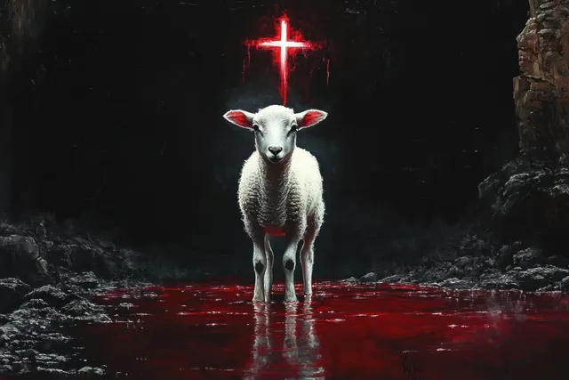 Lamb stands before glowing cross in dark cavern, blood-red water and mist