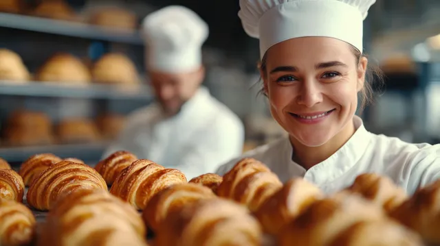 A woman pastry chef arranges croissants on trays in a bright bakery kitchen under warm lighting.