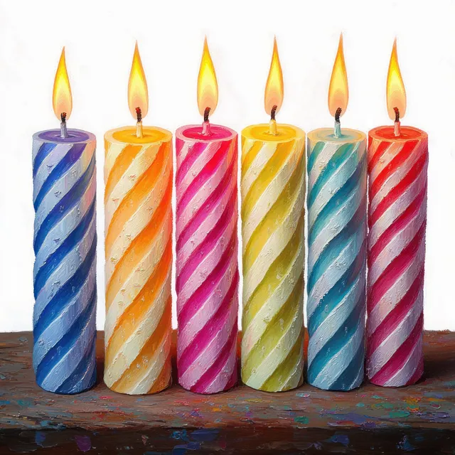 Colorful birthday candles with flickering flames on rustic wooden table, striped wax