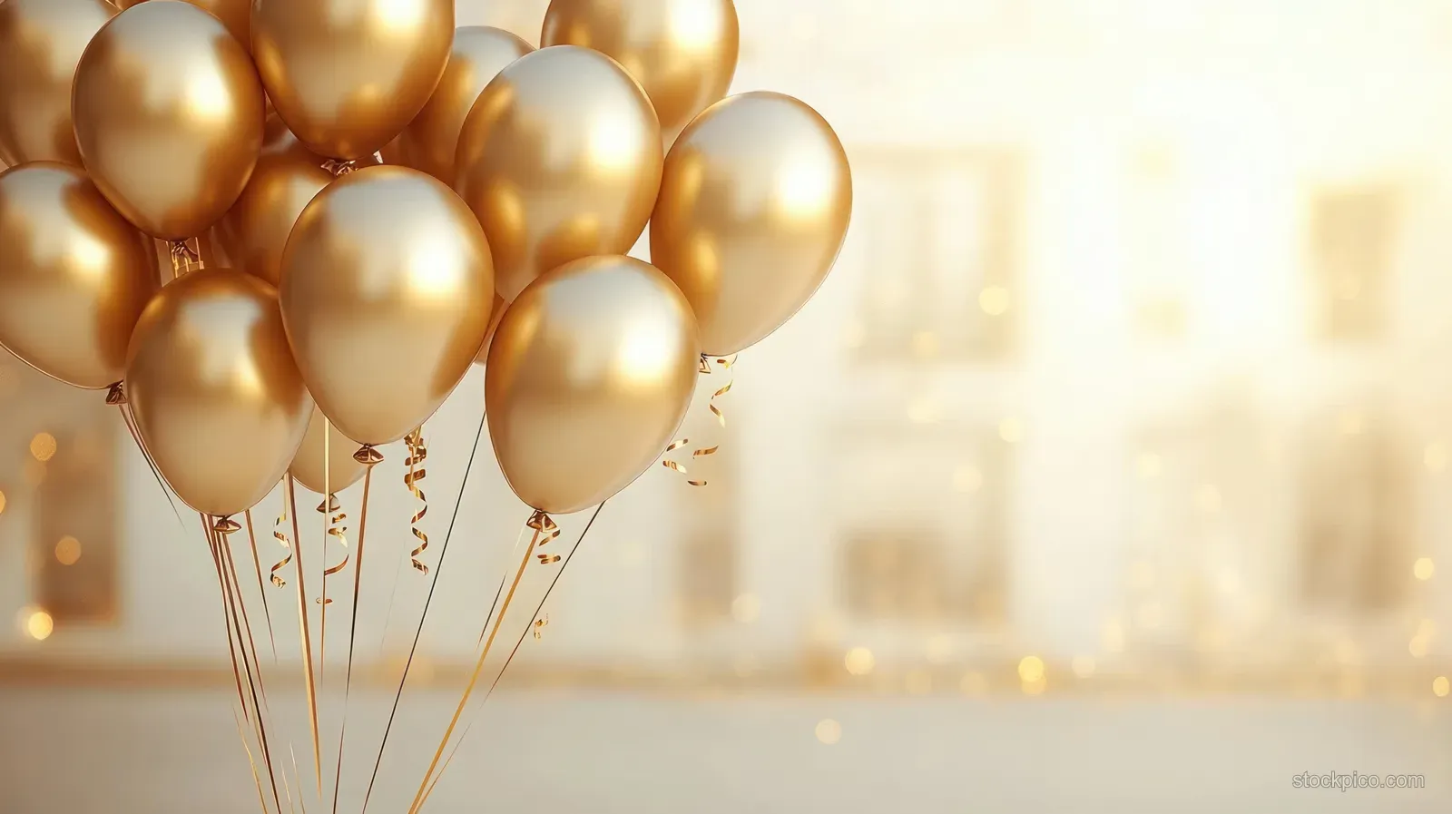 Gold balloons clustered on the left with a bright blurred background and copy space.