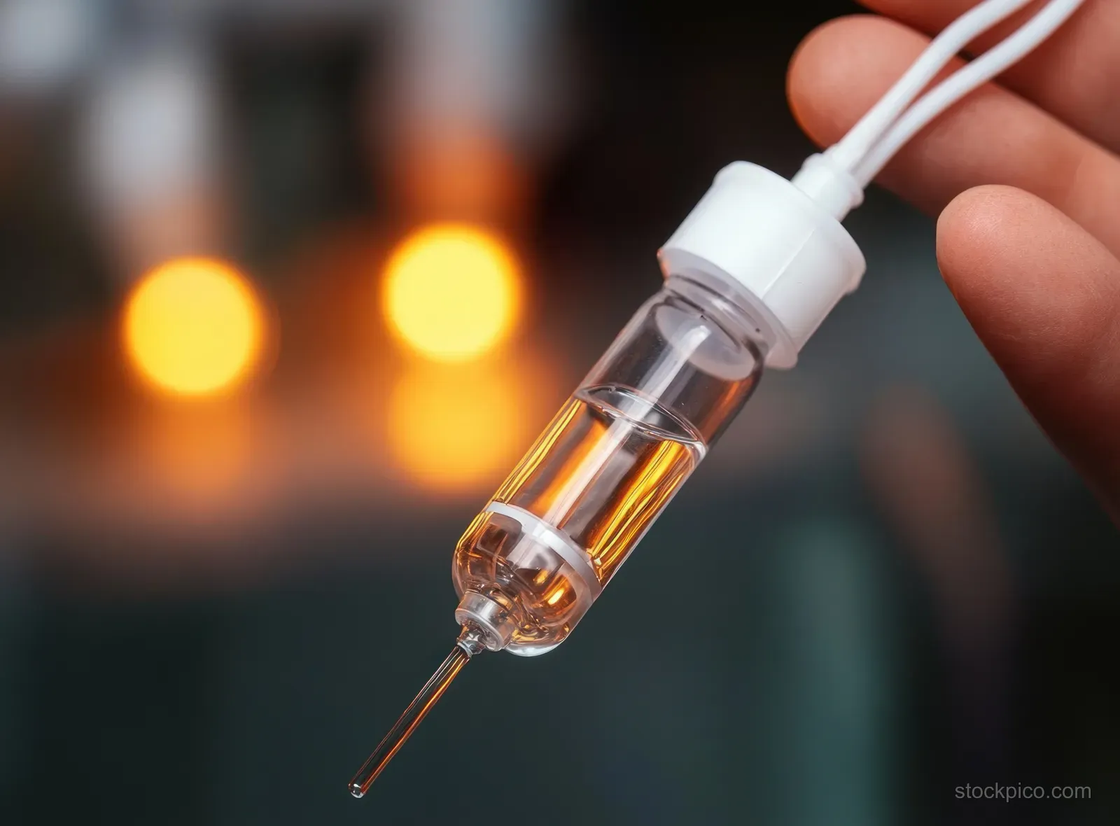 Hand holds a glass dropper filled with amber liquid, showing the pipette tip against warm blurred lights.