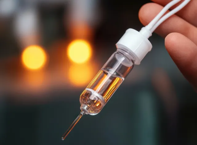 Hand holds a glass dropper filled with amber liquid, showing the pipette tip against warm blurred lights.