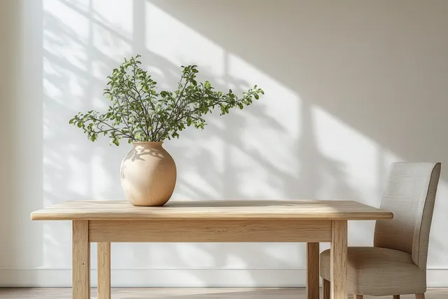 Light wooden dining table with a small vase of greenery beside a bench under soft window light.