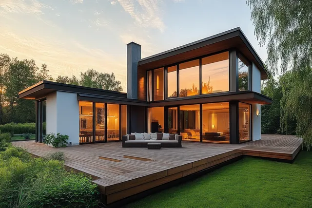 Modern villa patio at sunset with outdoor seating, wood deck, warm interior glow