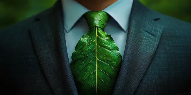 A man in a tailored suit wears a bright leaf tie against a soft green background.