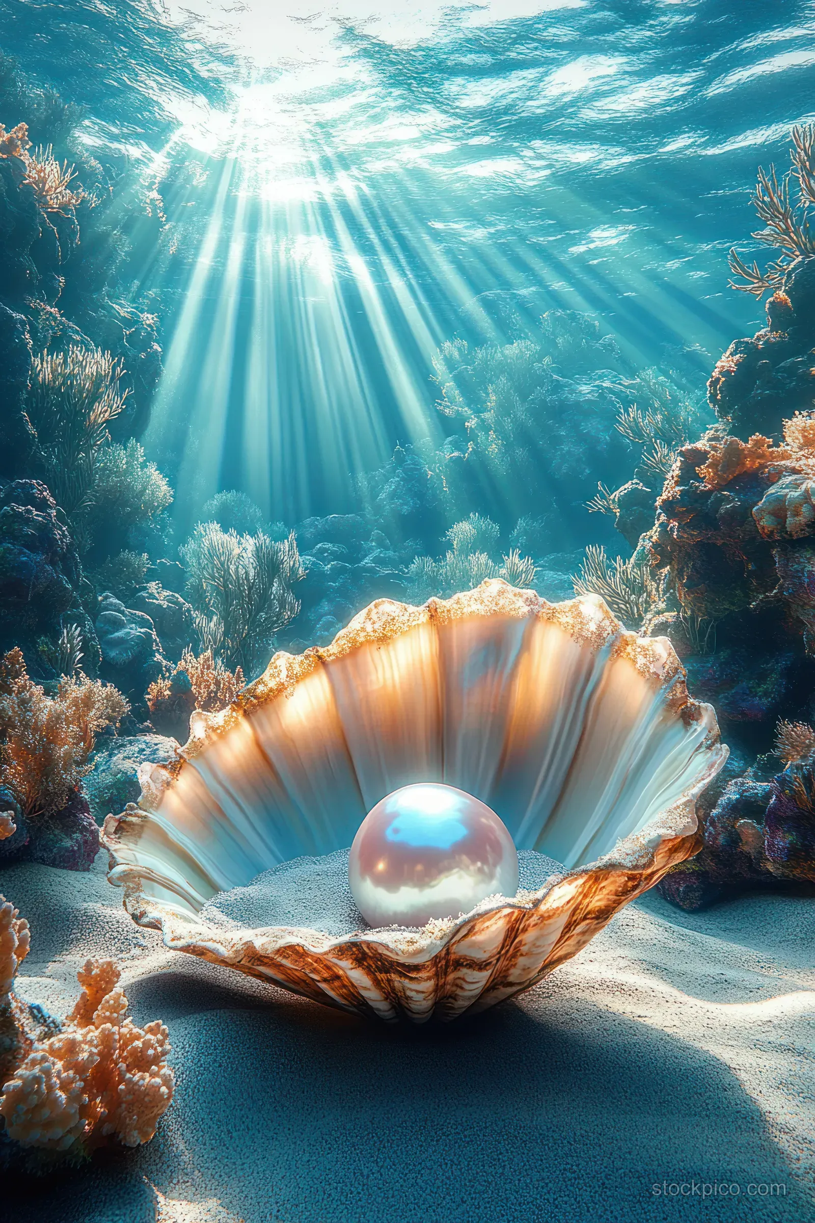 A giant pearl sits in an open clam shell on sandy seabed beneath coral reefs with sun rays streaming through clear water.