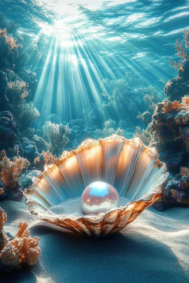 A giant pearl sits in an open clam shell on sandy seabed beneath coral reefs with sun rays streaming through clear water.