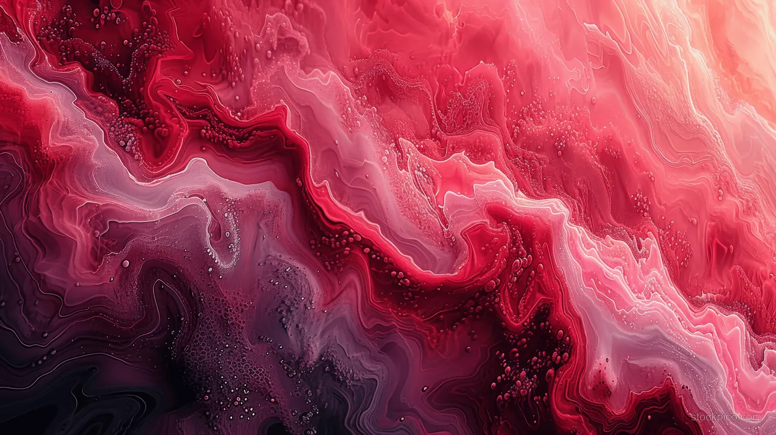 Crimson and magenta marbled waves swirl across a textured abstract background evoking menstrual pain.