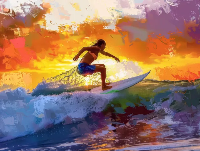 A female surfer rides a breaking wave beneath a vivid orange sunset sky.