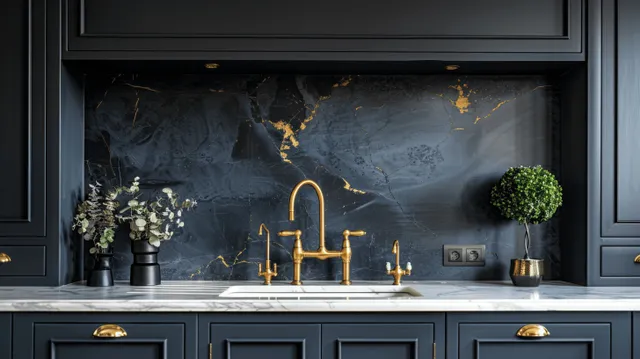 Black kitchen island with dark gray cabinets, white marble backsplash, and golden faucets in a polished interior.