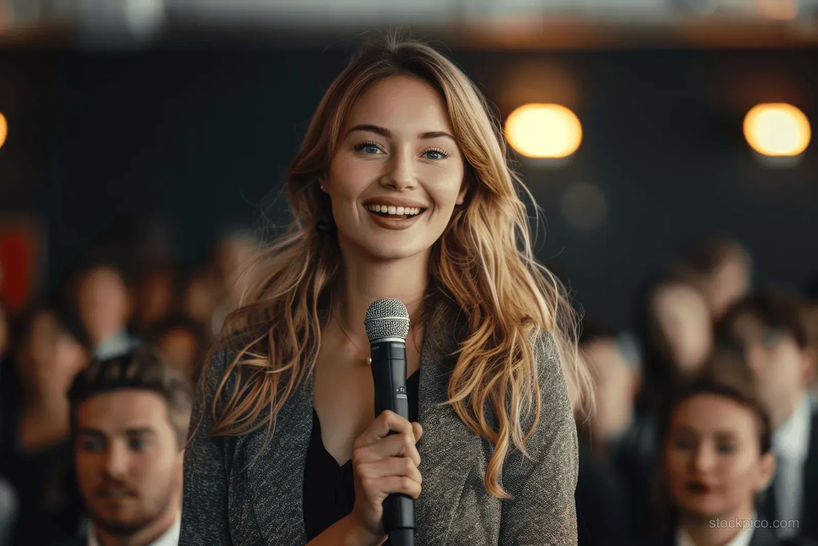 Smiling young woman holds a microphone while speaking to an audience in a dimly lit indoor hall.