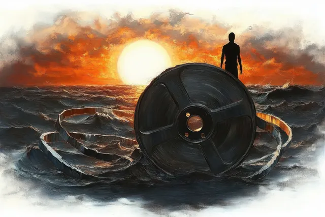 A lone silhouette stands on a large film reel in turbulent ocean waves under a fiery sunset sky.
